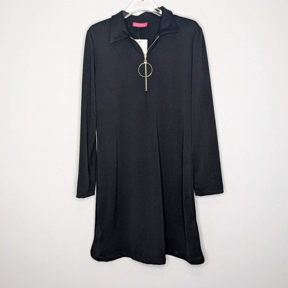 Boutiquen Black Long Sleeve Mini Dress Zip Neck Collared Size XL. NWT
